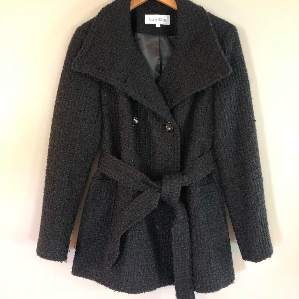 Textured Calvin Klein Belted Pea Coat